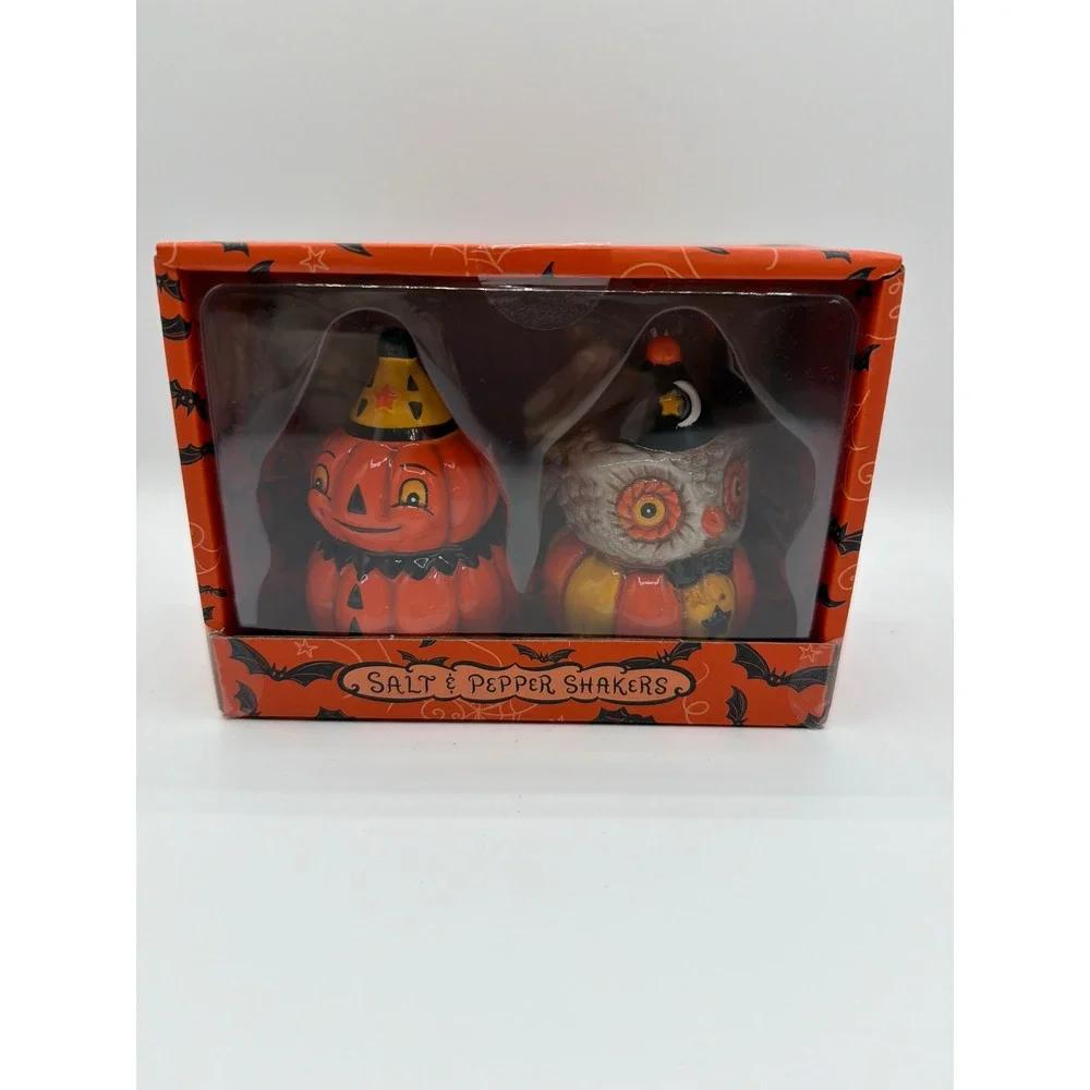 Johanna Parker Halloween Pumpkin & Owl Salt & Pepper Shaker Set Transpac Ceramic
